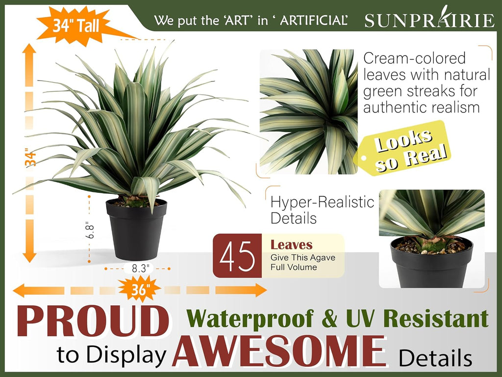 SUNPRAIRIE Life-Like Extra Large 34 Inch Tall Artificial Agave Plant. Cream Leaves with Textured Dark Green Stripes. UV Resistant Faux Plants. Outdoor and Indoor Large Artificial Plants.