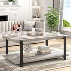 FOLUBAN Rustic Coffee Table, Modern Wood Center Table for Living Room, Industrial 2 Tier Rectangle Low Cocktail Tea Table with Storage Shelf, Light Grey