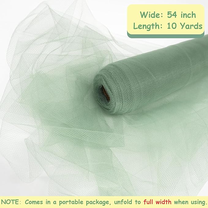 Tulle Fabric Rolls, 54 Inch by 10 Yards (30 ft) Tulle Ribbon for Wedding Party Decoration Sheer Fabric Spool Bolt, Ceiling Decor, Tutu Skirt, Christmas Gift Wrapping, Soft & Drape (Sage Green)
