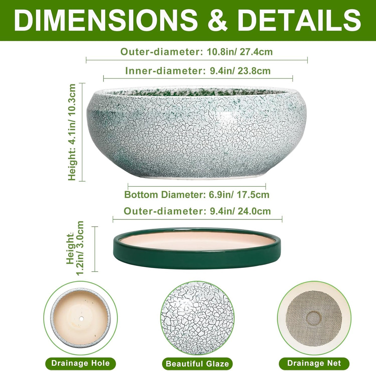 Succulent Planters 10 Inch - Ceramic Bonsai Pots with Drainage Hole and Saucer, Large Succulent Pots Indoor, Shallow Planter, Round Bowl Planter Outdoor, Patio Decor, Plant Lover Gift, Green