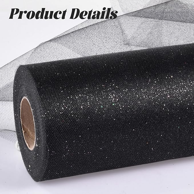 Glitter Tulle Rolls 6” by 50 Yards Sparkle Tulle Fabric Ribbon Sequin Tulle Netting Rolls for DIY Tutu Skirt Wedding Birthday Party Decoration (Black)