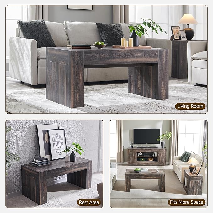 OKD 48" Modern Farmhouse Coffee Table, Wooden Living Room Table with Hidden Storage Drawer, Rustic Rectangular Center Tables w/Wood Thick Design for Living Room, Office, Dark Rustic Oak