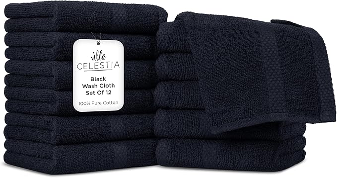 100% Cotton Wash Cloth for face & Body Set of 12, (12 x 12 inches) Sustainable, Soft, Highly Absorbent, Combed Cotton Wash Cloths Pack of 12 for Hotels, Spa, Bathroom, Dorm, Black