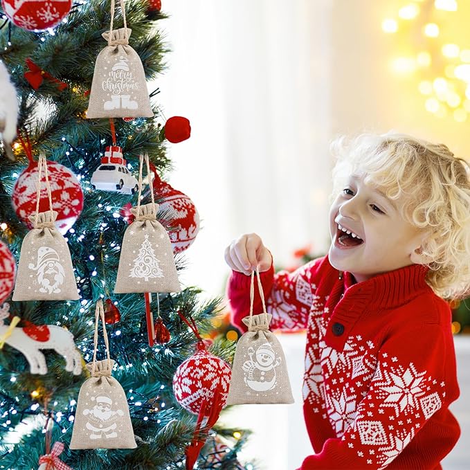 CCINEE 36pcs Christmas Burlap Bags, 4×6 Inch Drawstring Christmas Burlap Goody Gift Candy Bags with Double Jute Drawstrings Xmas Treat Bags for Candy Wrapper Xmas Party Favors