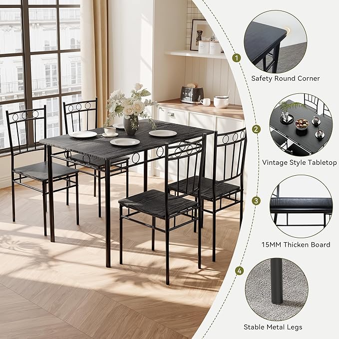 5 Piece Dining Table Set, Wood Kitchen Table and Chairs for Small Space,Breakfast Nook,Easy Assembly,Black