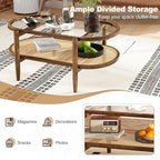 MAT EXPERT Rattan Coffee Table, 2 Tier Boho Oval Living Room Table w/Glass Tabletop Wood Frame & Storage Shelf, 40’’L Mid Century Modern Tea Table, Center Table for Living Room Home Office, Brown