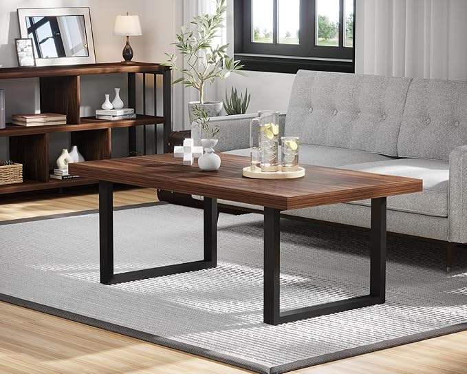 IBF Walnut Coffee Table, Minimalist Wooden Living Room Table, Modern Simple Rectangle Center Table, Vintage Rustic Wood and Metal Cocktail Tea Coffee Table for Home Bedroom Office, Walnut, 39 Inch