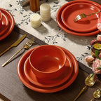GZG Vintage Series - Ceramic Dinnerware Set for 4, 12 Pieces Stoneware Plates and Bowls Set, Lead-Free, Handcrafted Dishes Set, Microwave & Dishwasher Safe - Terracotta Red