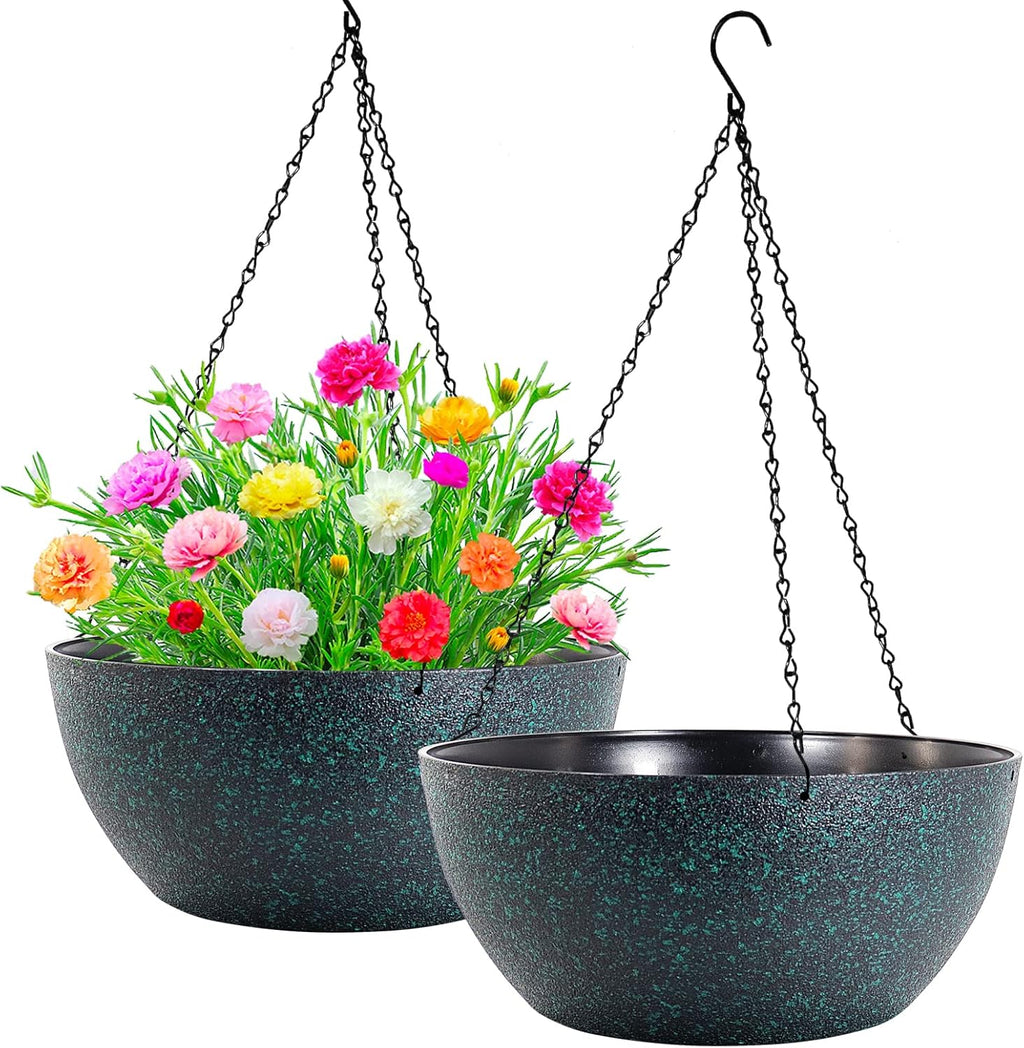 WOUSIWER 13 inch 2 Pack Large Hanging Planters for Indoor Outdoor Plants with Drainage Holes and Chain, Round Hanging Flower Pots for Garden Home Porch Decor, Black with Green Speckles