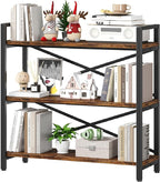 Homeiju 3 Tier Bookshelf 31.49" Width, Wood and Metal Etagere Bookcase, Vintage Farmhouse Modern Wooden Big Book Shelf for Home Living Room Bedroom Office Storage(Rustic Brown)