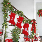 Personalized Christmas Stocking 19 Inch - Red Cable Knit with Monogram Embroidery & Pom Poms, Family Fireplace Hanger for Holiday Decor, Red Letter J