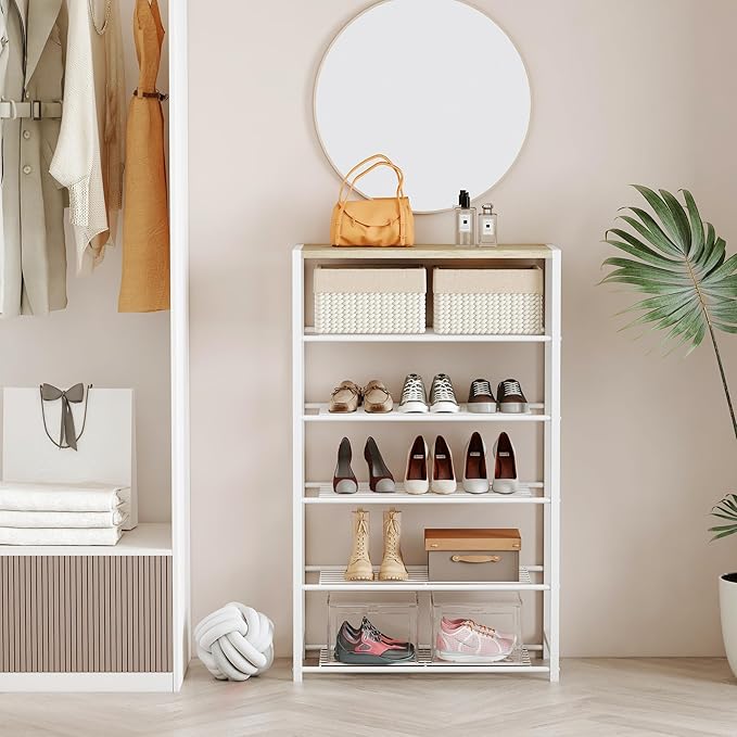 Yusong Shoe Rack Organizer, 6 Tier Industrial Shoe Storage Shelf, Narrow Sturdy Metal Shoe Shelves for Closet Entryway, Rustic Brown