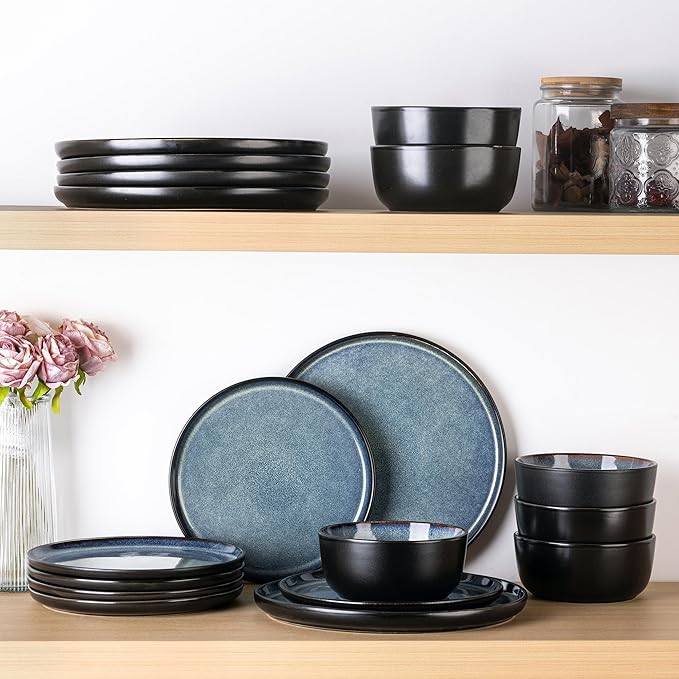 AmorArc Stoneware Dinnerware Sets,Round Reactive Glaze Plates and Bowls Set,Highly Chip and Crack Resistant | Dishwasher & Microwave Safe Dishes Set,Service for 4 (12pc)