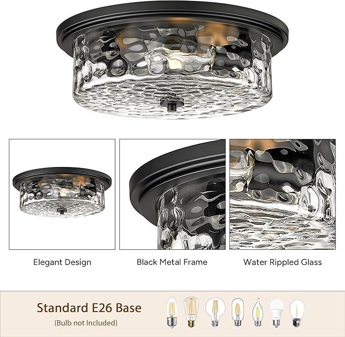 Industrial Flush Mount Ceiling Light, 16" 3-Light Modern Ceiling Light Fixture, Hammered Modern Kitchen Ceiling Light for Bedroom, Living Room, Kitchen Island (Black)