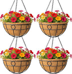 Classic Round Wire Hanging Basket 4 Packs 12 Inch Deep Coco Liner Water-Absorbing All-Weather Garden Deck Hanging Planter with Chain Flower Pot