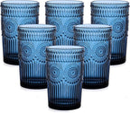 Vintage Glassware Drinking Glasses Set of 6,13 oz Blue Textured Flower Design Glass Water Tumblers，Embossed Striped Drinkware for Water,Cocktails,Juice,Iced Coffee