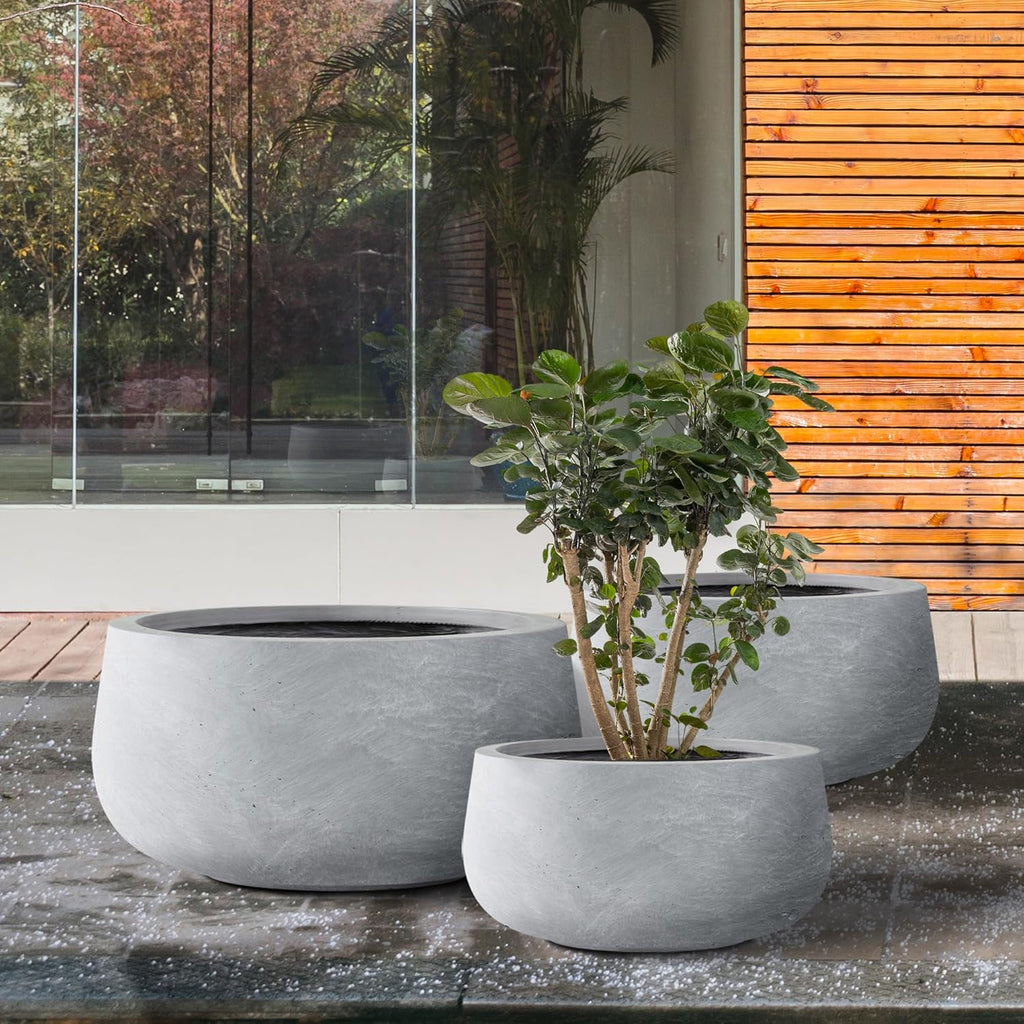 Kante 19.6",15.7",11.8" Dia Round Concrete Planters Set of 3, Cement Plant Pots with Drainage Hole and Rubber Plug for Outdoor Indoor Garden Home, Modern Curvaceous Design, Gray