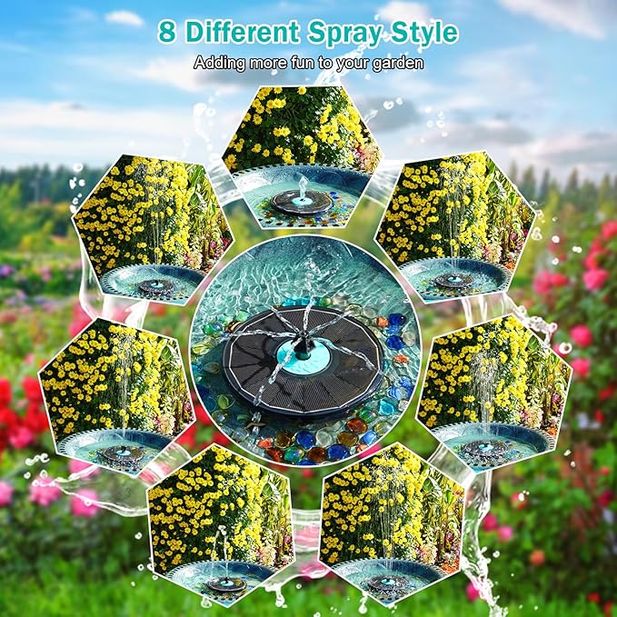 Solar Fountain Cyan Flower, Upgrade 3.5W Solar Bird Bath Fountains, Solar Powered Water Fountain with 7 Nozzles, 4 Fixed Pipes for Hummingbirds, Bird Bath, Garden, Pool, and Pond