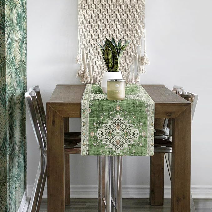 Snycler Table Runner Boho Table Runners Vintage Elegant Farmhouse Table Center Linen Decor for Home Dining Party Entrance (13x72 Inch) Light Green