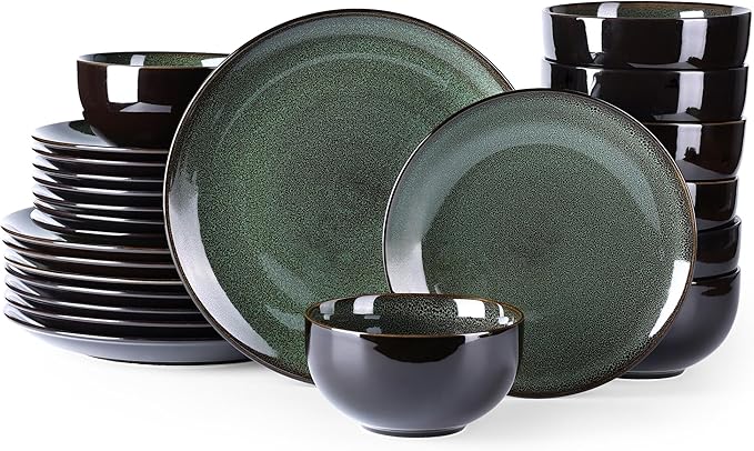 LERATIO Ceramic Dinnerware Sets for 8,Stoneware Plates and Bowls Sets,Handmade Reactive Glaze Dishes Set,Chip Resistant and Scratch Resistant | Oven&Dishwasher & Microwave Safe-Green(24PCS)