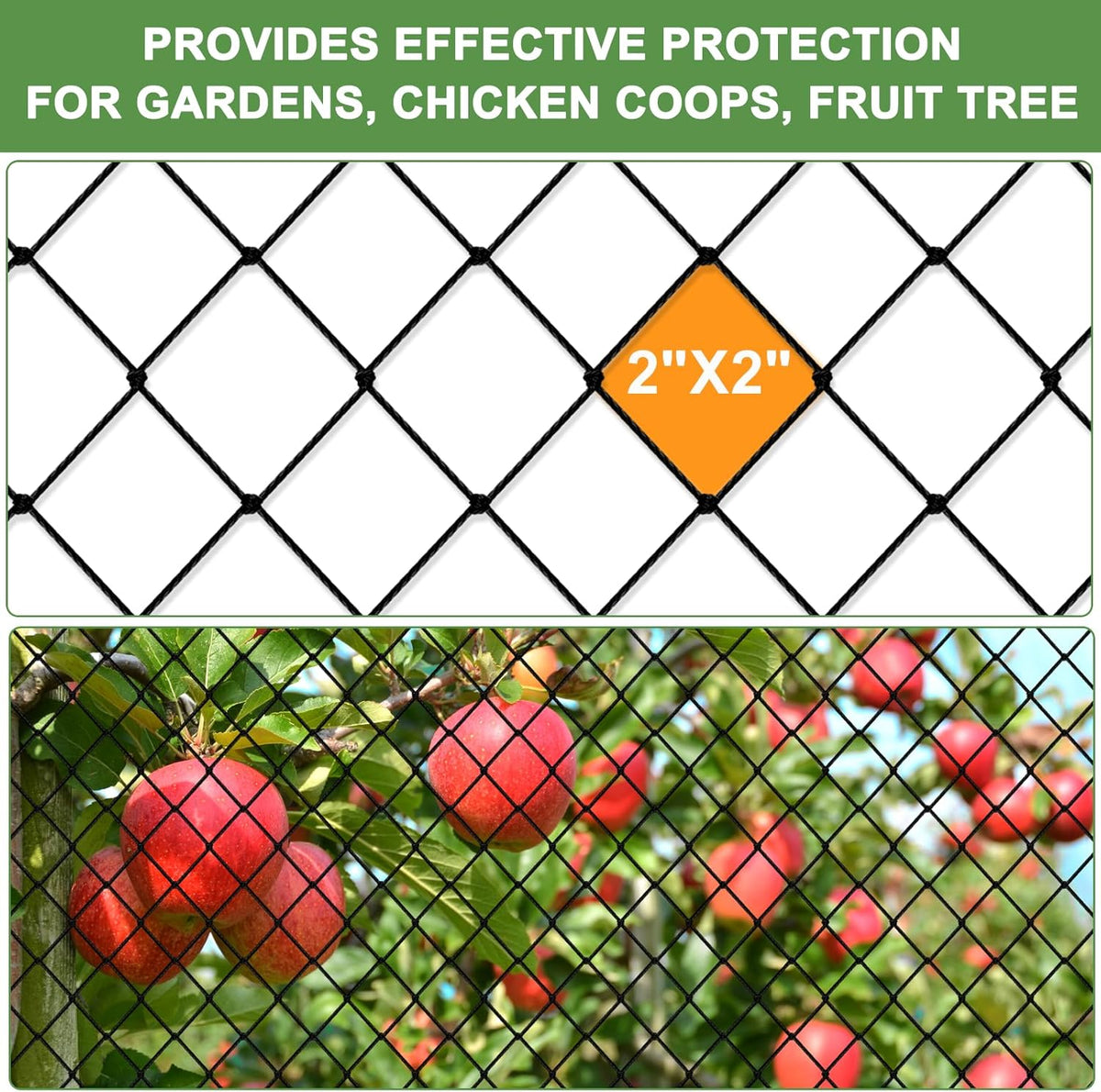 Bird Netting - 25'x100' Heavy Duty Nylon Net with 2' Mesh for Garden Protection, Chicken Coop, Fruit Tree, Orchard