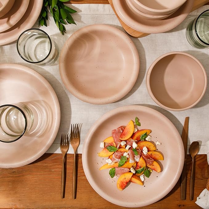 Bloomhouse Corsica Clay 12 Piece Stoneware Rustic Reactive Glaze Dinnerware Set - Stackable Plates and Bowls Set. Service for 4 - Matte Prosecco Blush Pink