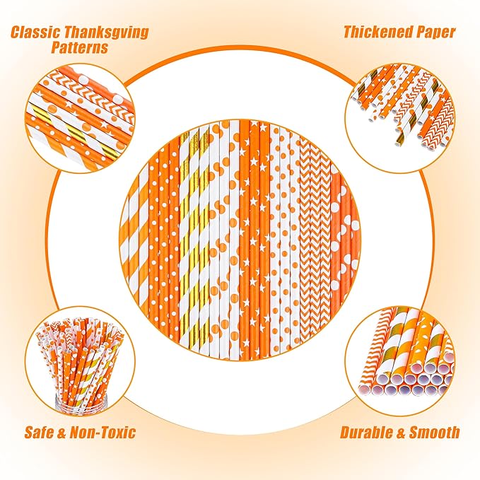 Cooraby 200 Pieces Thanksgiving Paper Straws Orange and Gold Assorted Paper Straws Biodegradable Drinking Straw Mix for Fall Leaf Autumn Wedding Supplies, 8 Style