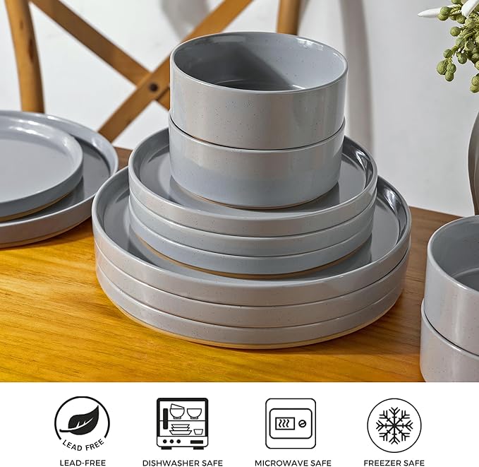 AmorArc Ceramic Dinnerware Set for 8 | Speckled Stoneware Plates and Bowls with Rustic Terracotta Underside| Scratch Resistant,Dishwasher & Microwave Safe Dishes Sets- 24pcs Gray