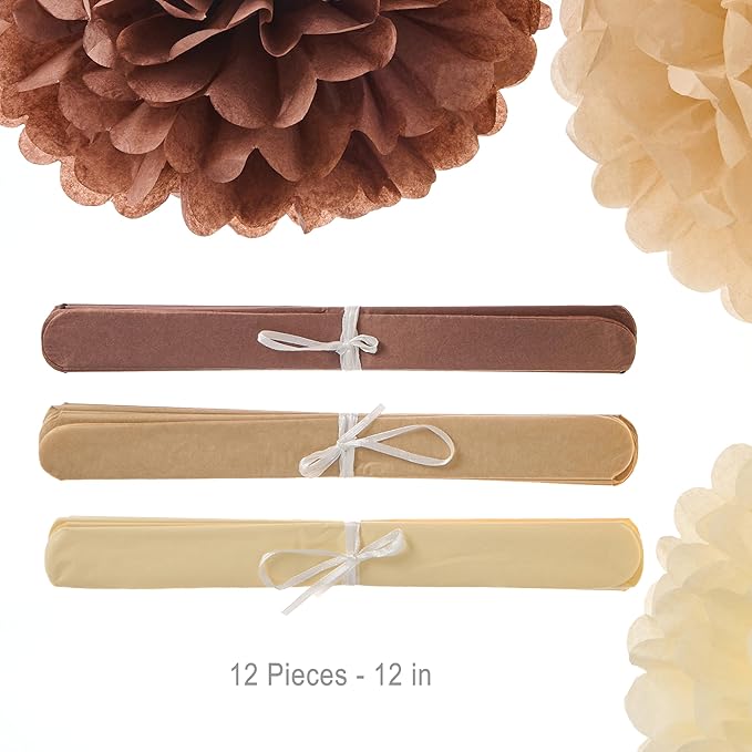 WEVEN Tissue Pom Poms Tissue Paper Flowers Tissue Fluff Balls Party Decorations 12-Inch Pack of 12 (Brown, Khaki, Ivory)