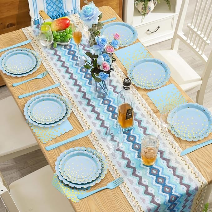 Blue and Gold Party Decorations 175PCS Light Blue Paper Plates and Napkins and Cups With Blue Plastic Forks Knives Spoons for Wedding Birthday Party Baby Shower Decorations Boy