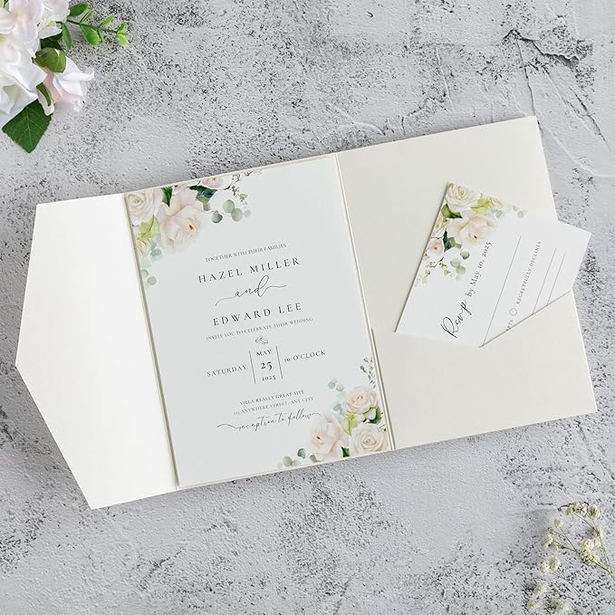 20 PCS Ivory Tri-fold Laser Cut Wedding Invitation Pockets for 5x7 Wedding Cards Bridal Shower Engagement Quinceanera Invitation
