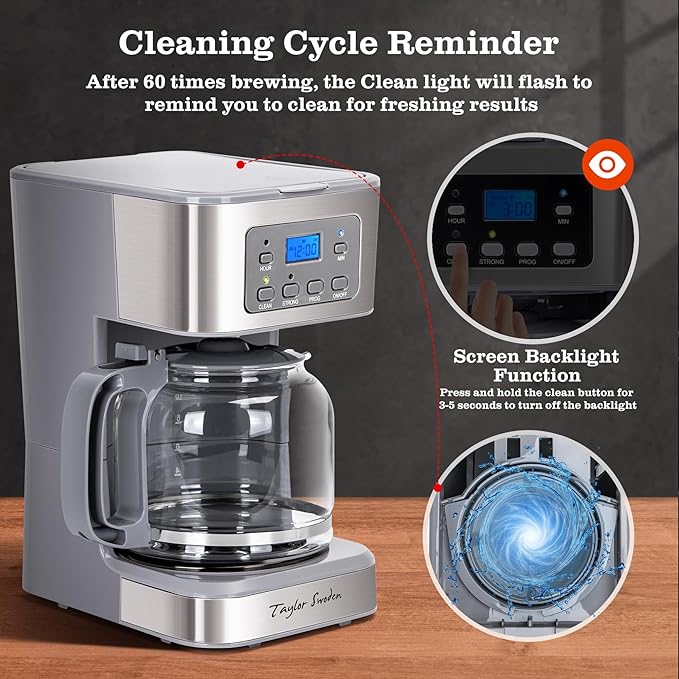 Taylor Swoden 12-Cup Programmable Coffee Maker, Regular & Strong Brew Drip Coffee Machine for Home and Office, Glass Carafe, Pause & Serve, Auto Shut Off, Gray & Stainless Steel