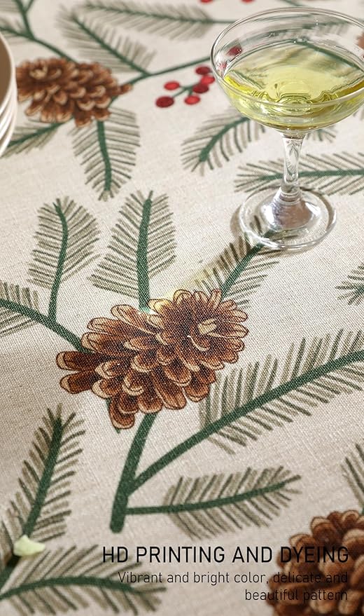 ISAENNE Designer Christmas Beige Linen Small Round Tablecloth,Pinecones Pattern Indoor Tablecloths,Washable Decor Table Cloth for Dining Thanksgiving Kitchen Christmas,Diameter 55"-Carol B
