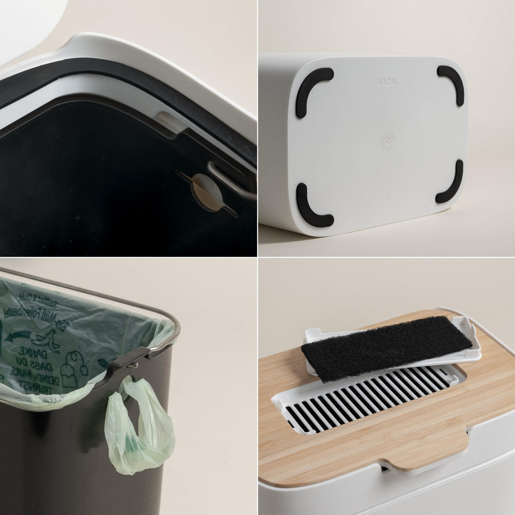 KAZAI. Compost Bin Kitchen 'Elin' | 1.2 GAL / 4.5L Countertop Compost Bin with Wooden Lid & Filter | Odor-Free, Dishwasher Safe, with Inner Bucket | Small Indoor Kitchen Composter | Off-White/Bamboo