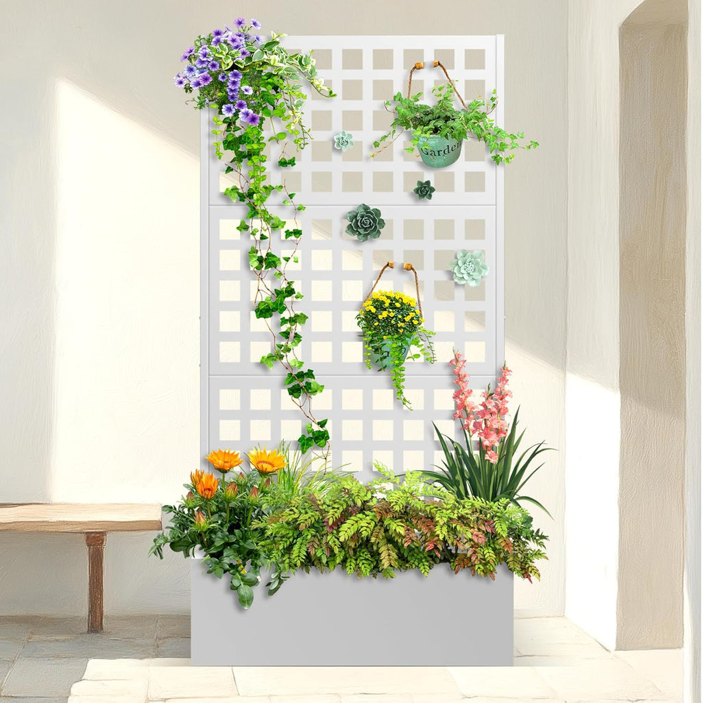 Metal Planter Box with Trellis & Wheels, Raised Garden Bed with Privacy Screen, Outdoor Standing Flower Beds with Drainage Hole for Climbing Plants, Vine, 35" Lx16 Wx71 H