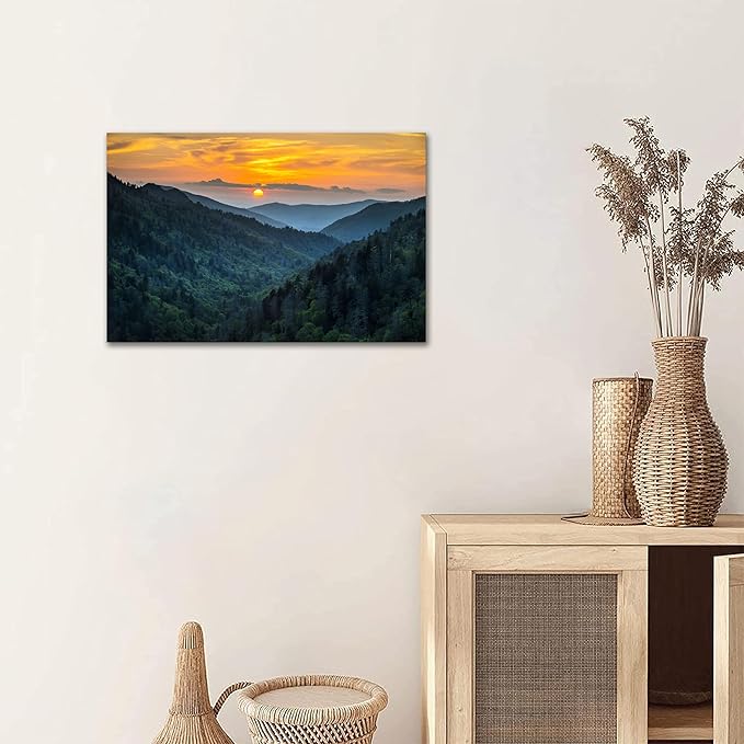 Forest Sunrise Wall Art Decor Great Smoky Mountains Photo Prints National Park Landscape Canvas Painting Artwork Framed for Bedroom Living Room (24x36 inch)