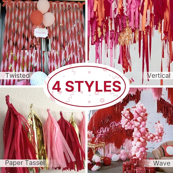 PartyWoo Burgundy Crepe Paper Streamers 4pcs 328ft Pack of Maroon Crepe Paper Streamers for Graduation Wedding Engagement Birthday Bachelorette Citizenship Strawberry Theme Party Decorations