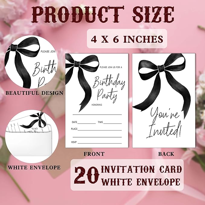 SIXEIGHT Black Bow Birthday Invitations, Black Ribbon Bow Birthday Party Invitations, 20 Party Invitations with Envelopes for Girls Boys, Birthday Party Favor & Decoration (4"x6")-A08
