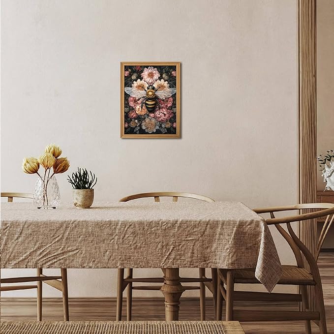 Framed Vintage 3D Textured Wall Art - Dark College Bee Flowers Wall Decor - Hand Drawn Sandstone Nature Botanical Pictures for Living Room Bedroom Home Decor 8x10in
