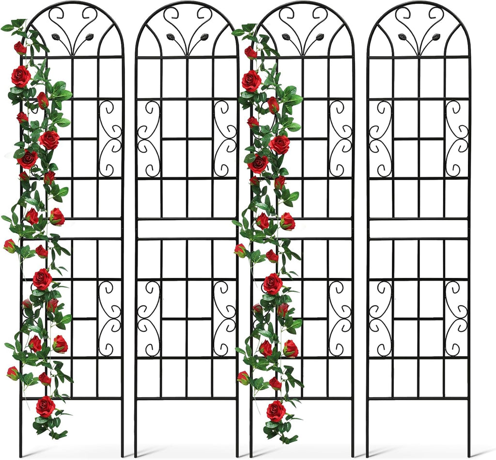 4 Pack Metal Garden Trellis 86.7" Tall Outdoor Climbing Plant Support for Roses, Flowers, Rustproof Durable Black Galvanized Tube, Lawn Garden Fence Decor Screen (4, Black curves-86.7" H)