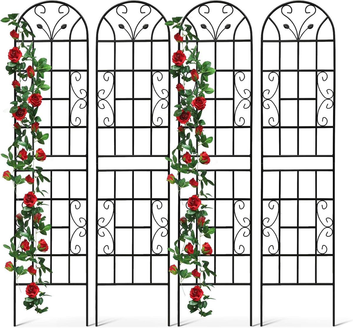 4 Pack Metal Garden Trellis 86.7" Tall Outdoor Climbing Plant Support for Roses, Flowers, Rustproof Durable Black Galvanized Tube, Lawn Garden Fence Decor Screen (4, Black curves-86.7" H)