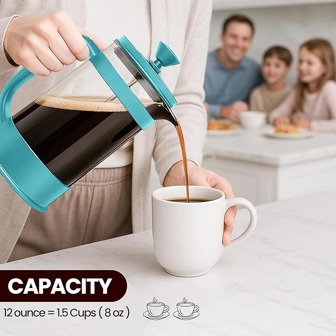 Utopia Kitchen French Press Espresso and Tea Maker with Triple Filters, Stainless Steel Plunger and Heat Resistant Borosilicate Glass (Aqua, 12-oz (Pack of 1))