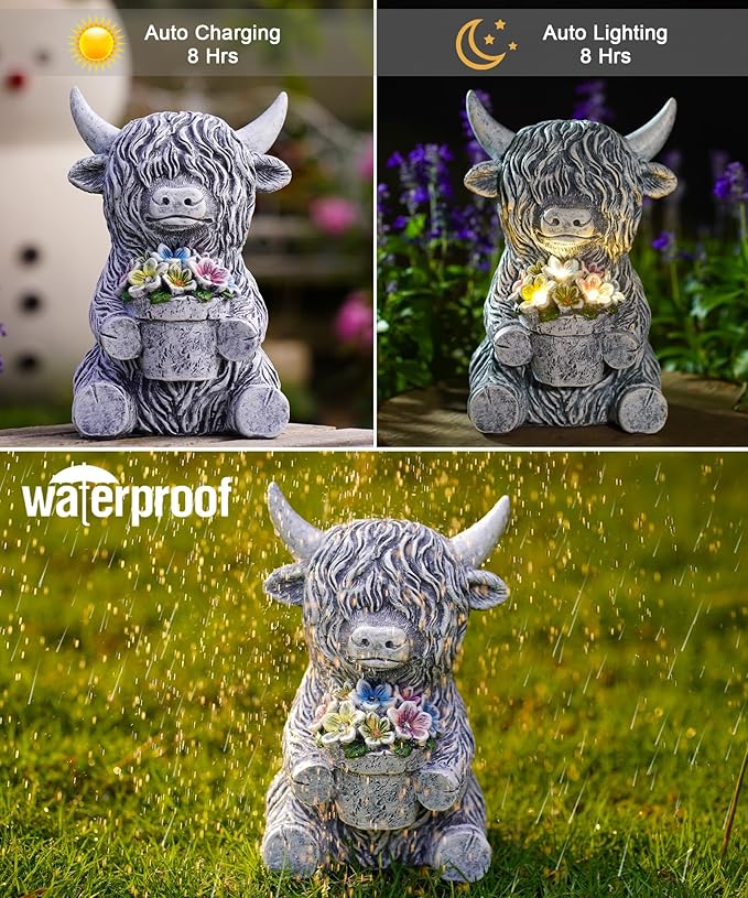Nacome Solar Garden Highland Cow Holding Succulent Planter with LED Lights Outdoor Decor for Outside Yard Patio Balcony Porch Decorations - Birthday Gifts Mom Grandma Women(Grey)