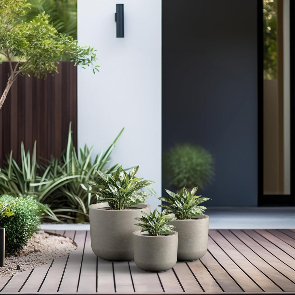 Kante 13",11",9" Dia Weathered Concrete Round Planters (Set of 3), Outdoor Indoor Modern Planter Pots, Lightweight, Weather Resistant, Seamless with Drainage Hole