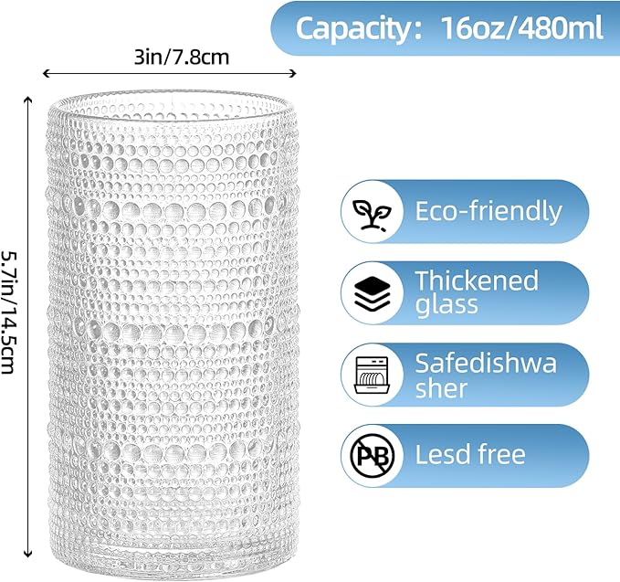 16oz Hobnail Drinking Glasses Set of 6, Vintage Large Capacity Embossed Clear Tumblers, Highball Glasses for Water, Cocktail, Beer, Whiskey, Juice & Bar Use