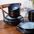 LeRatio Ceramic Dinnerware Sets for 6,Plates and Bowls Sets,Handmade Reactive Glaze Dishes Set,Chip Resistant and Scratch Resistant | Oven&Dishwasher & Microwave Safe-Blue(18PCS)