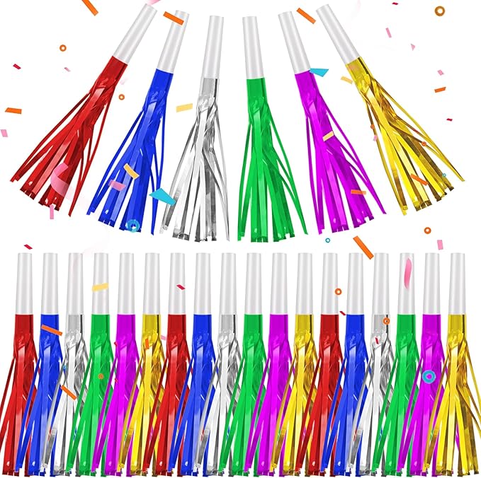 24 Pack Metallic Fringe Party Blowers - Kids Party Noise Makers,Party Blowers for Kids,Horns & Whistles for Graduations,Weddings,Birthdays,Family Gatherings and Sporting Events