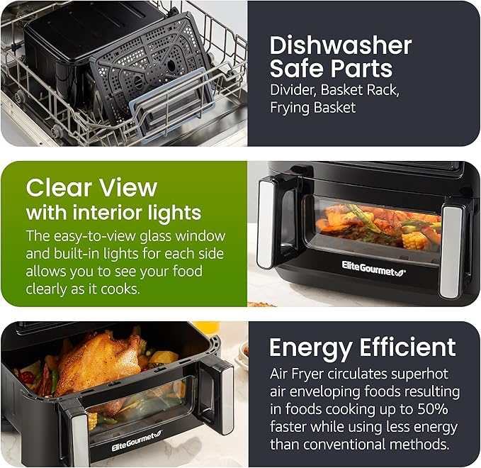 Elite Gourmet EAF1055D Dual Zone Air Fryer Oven, 11QT. Capacity with Divider, Sync Finish, Dishwasher Safe Basket, 10 Preset Functions, 1600-Watts, with Recipe Booklet, Black