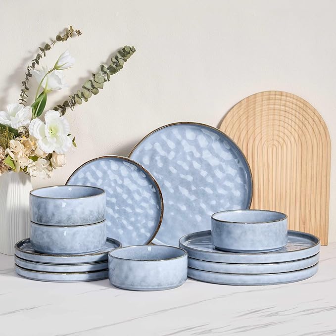 Herogo 12 Pieces Dinnerware Sets for 4, Ceramic Serving Dishes Sets, Stoneware Plates and Bowls for Kitchen Dinning, Dishwasher & Microwave Safe, Haze Blue