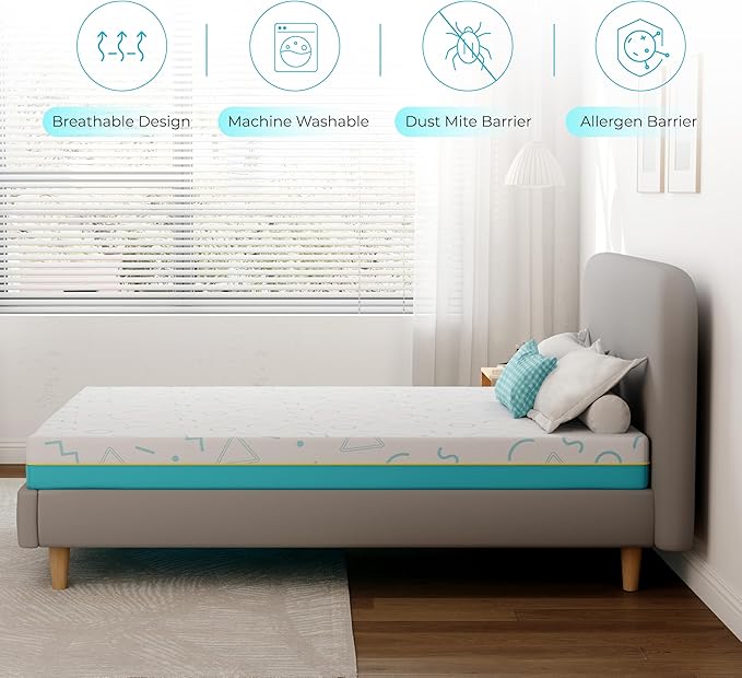 MLILY 7 Inch Queen Mattress for Kids, Memory Foam Bunk Bed Mattress, Made in The USA of US Foam and Global Materials, CertiPUR-US Certified, Medium Firm Trundle, Blue